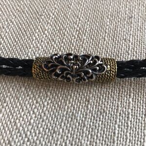 Sara Blaine Black Braided Bracelet w silver and gold toned center piece